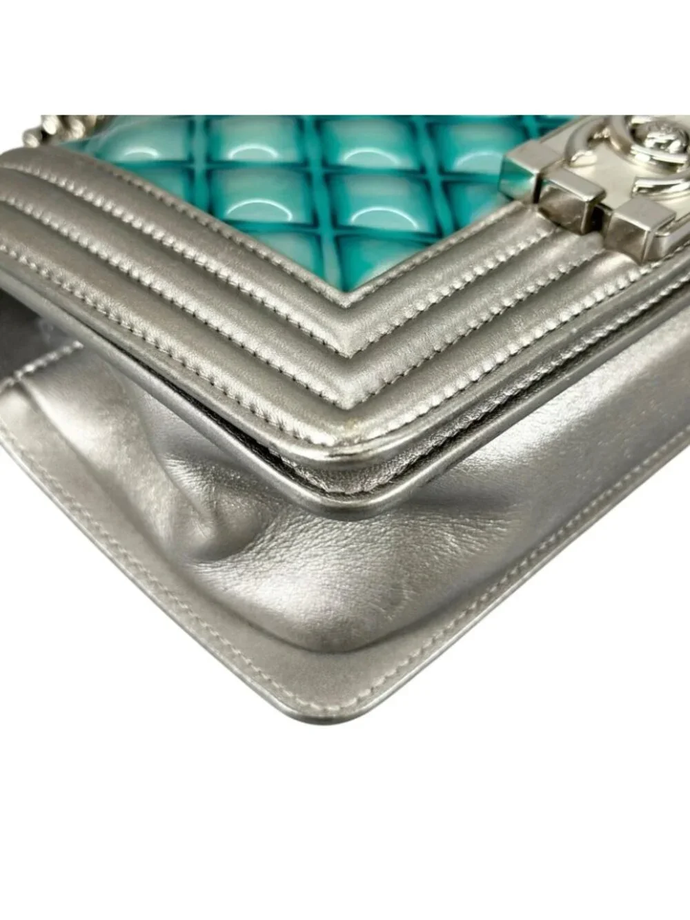 Chanel Boy Enamel Leather Lambskin Silver Light Blue Shoulder